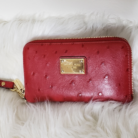 Michael Kors Handbags - Michael Kors Ostrich Red Leather Wristlet Wallet